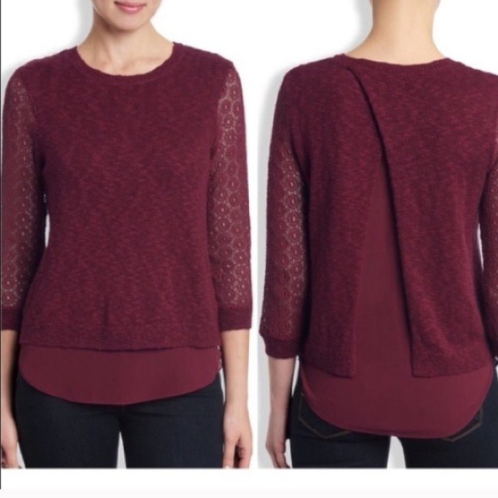 Lucky Brand Red Layered Sweater Crocheted Sheer Sleeves